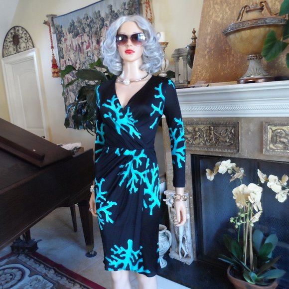 Moschino Cheap & Chic Black-Teal Silk Jersey Surplice Dress Size S - Picture 1 of 16